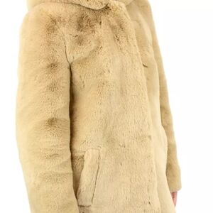 SANDRO Honey Jacket Women's (EU) 36 Hooded Camel Soft Faux Fur